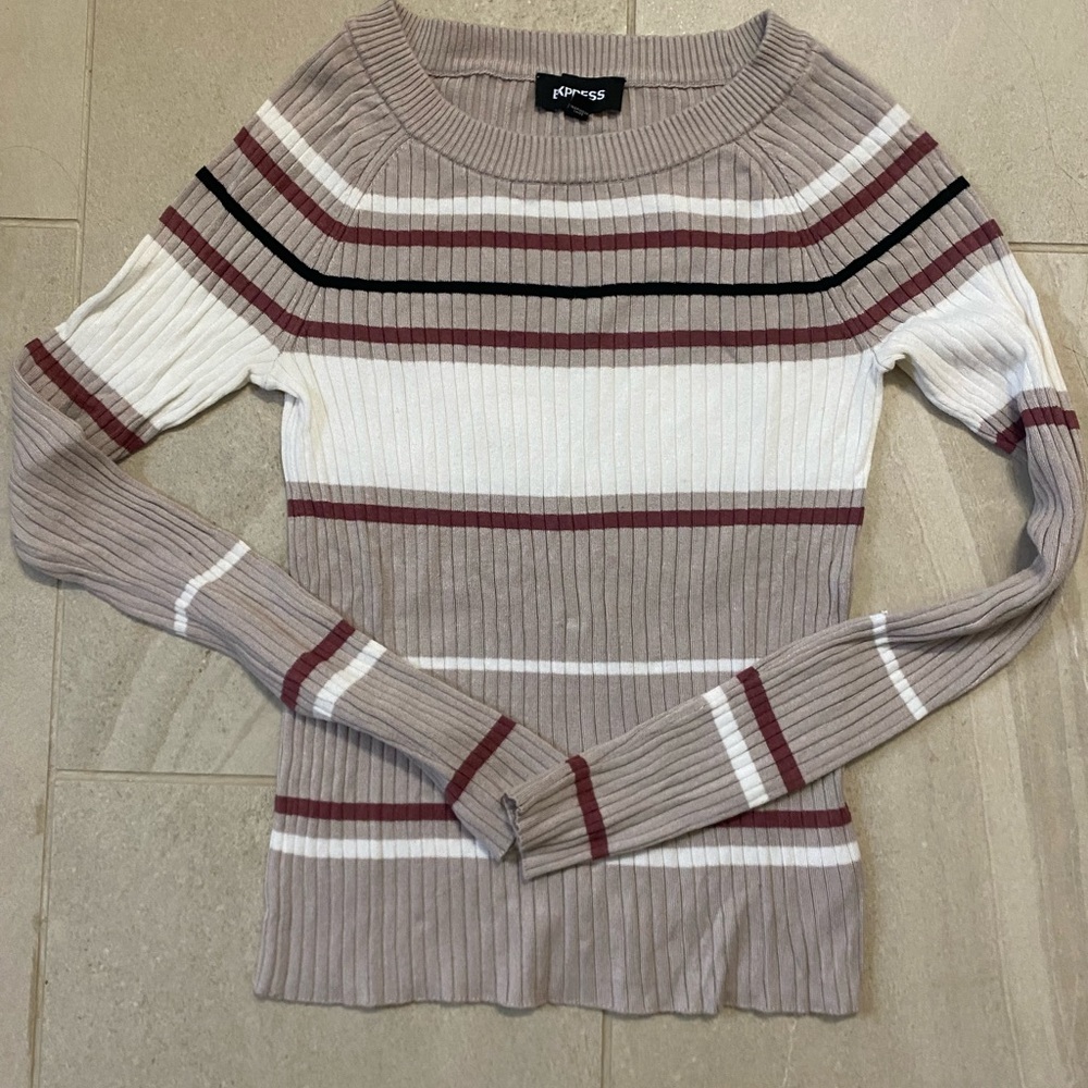 Express Women's Ribbed Striped Sweater - Taupe, White, and Burgundy
